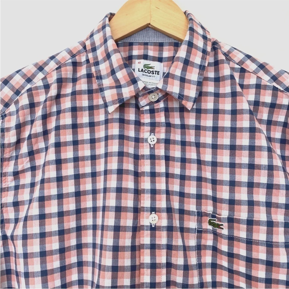 Lacoste Regular Fit Long Sleeve Lightweight Button Shirt Gingham Sz 41 (M-L) - Picture 1 of 11
